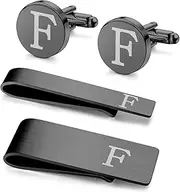 [Kakonia] 4 PCS Initial Cufflinks and Tie Clips for Men Stainless Steel Personalized Engraved Cuff Links and Tie Bar Money Clip Set Alphabet Letter A-W with Gift Box for Father Husband