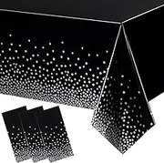 3 Pieces Dot Tablecloth Confetti Rectangle Plastic Disposable Table Cover for Birthday Wedding Baby Shower Engagement Anniversary Bachelorette Party, 54 x 108 Inch (Black and Silver)