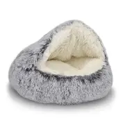 Cat Bed Round Plush Fluffy Hooded Cat Bed Cave, 23.0"L x 23.0"W x 6.0"Th grey