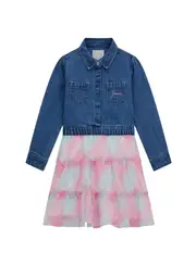 GUESS Girl's Medium Blue Multi Fit and Flare Denim Tulle Dress Size: 6, Polyester