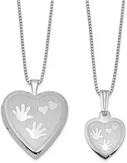 [JewelryWeb] 925 Sterling Silver Textured Satin Back Spring-Ring Holds 2 photos Not engraveable Polished and-satin-Polished-Satin Hand And Love Hearts Locket And Pendant Set 19.5mm Wide-Locket Necklace for Women