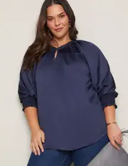 Autograph Long Sleeve Ruffle Collar Satin Top