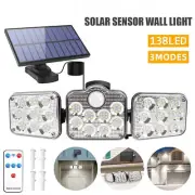 138 LED 3 Head Solar Motion Sensor Light Garden Outdoor Wall Security Flood Lamp