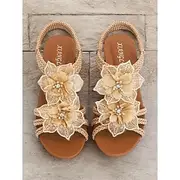 Women's Brown Bohemian-Style Woven Wedge Sandals with Floral Embellishments - Comfortable Summer Sandals for Beach and Casual Outings