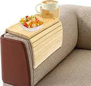 Bamboo 3 in 1 Couch Cup Holder Tray Slip Sofa Armrest Tray with 360° Rotatable Removable Cup Holder Foldable for Snack