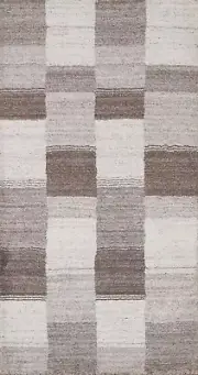 Checked Modern Gabbeh Rug 2x5 Hand-knotted Wool Indian Carpet