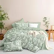 CCoutueChen Sage Green Leaf Comforter Set Queen Reversible Green Botanical Floral Leaves Bedding Set Modern Aesthetic Comforters Soft Microfiber Comforter Sets with 2 Pillowcases