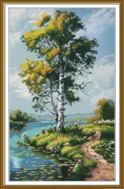 Counted Cross Stitch Kit DIY unprinted canva Tree by the river embroideryAida 16