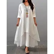 Women's Plus Size Curve Casual Dress Swing Dress Solid Color Long Dress Maxi Dress Long Sleeve Button Fake two piece V Neck Basic Daily Black White Summer Spri