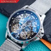 Mens Skeleton Automatic Mechanical Watch Silver Stainless Steel Mesh Strap Gift