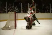 Goalie Glenn "Chico" Resch of the New Jersey Devils follows the a - Old Photo 1