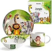 MIAMIO – Set of 3 Kids Dinnerware Set/Porcelain Children Dishes, Kids Dish Set, Children’s Tableware Set - Includes Plate, Bowl and Cup – for Toddler (Jungle)
