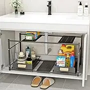 Under Sink Organizers, 2 Tier Expandable Under Cabinet Organizer Shelf with 3 Removable Panels, Metal Under Storage Rack with Pull Out Baskets for Under Kitchen Bathroom Storage (Black)
