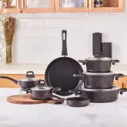 Biogranite Non-Stick Cookware Set - 12 Pieces - Black&Gold- Rosegold Finish
