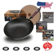 Flat Bottom 11.8" Cast Iron Wok with Detachable Wooden Handle - Easy Maintenance