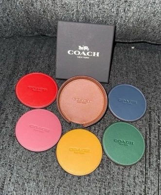 Coach 6 Piece Coaster Set of 5 with Holder in Multicolor Glovetanned Leather NWT