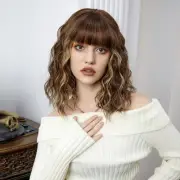 Brown Highlights Blonde Womens Wig Short Curly Wig with Bangs for Girls Wavy ...