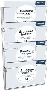 OPUS 2-Wall Mounted Brochure Holder, Four Tier Dispenser, A4, Crystal Clear Acrylic, Connectable, Landscape, 350104.