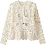 [Generic] Women's Round Neck Button Lace Patchwork Hollow Long Sleeved Cardigan Embroidered Patchwork at The Hem Casual Loose Cardigan Jacket