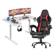 Advwin L Shape 140cm Gaming Desk RGB LED Light White & Gaming Chair Racing Recliner Executive Seat Office Chair Red & Black