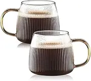 Luxtea Vintage Glass Coffee Mugs Set of 2 Ribbed Drinking Glasses Clear Tea Cups Borosilicate Glass Cup in Vertical Stripes Pattern for Cappuccino,Latte,Beverage (14 Fl.Oz.,Yellow Handle)