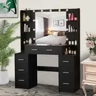Black Vanity Desk with LED Mirror&Lights,7 Drawers Dressing Table Makeup Vanity