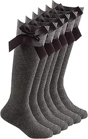 [ITRAT] 3 Pairs Girls Knee High Cotton Socks with Fluffy Ribbons Bow Back to School Socks Cotton Rich Uniform Party Wear Comfort Fit Long Socks Stocking Girls Bow Knee High Kids School Sock