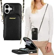 Hanman Crossbody Wallet Case for iPhone 16, RFID Blocking PU Leather Zipper Handbag Purse Cover, Suitable for iPhone 16, Black