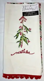 NICOLE MILLER HOME KITCHEN TOWELS (2) MISTLETOE RED GREEN 20 X 28 COTTON NWT