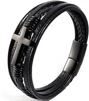 [ZNDIJE] Stainless Steel Braided Leather Bracelet for Men Cuff Bangle Cross Magnetic Clasp