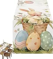 Easter Table Decor Tablecloth | Bunny Eggs Printing Table Runner - Easter Washable Table Cover for Easter Holiday Farmhouse Table Decoration