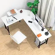 ADVWIN L-Shaped Computer Desk 168cm Wood Corner Gaming Desk with Tower Stand for Study Room Gaming Room Home Office Workstation White