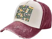 [YANYU] Corgi Floral Flowers Print Fashion Washed Distressed Baseball Cap Vintage Adjustable Hat with Classic Brim, Dark Red, One Size