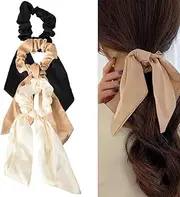 Hair Scarf Scrunchies for Women Silky Satin Black White Bow Hair Tie with Ribbon Tails Elastic Hair Ropes Ponytail Holder Beige Hair Scrunchy for Thick Thin Hair Accessories for Teen Girls 3PCS