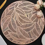 Mabbcoo Placemats Set of 6, Round Leaf Place Mats for Dining Table Hollowed-Out Pressed Vinyl Table Mats for Holiday Party Wedding Accent Centerpiece Dinner Table Decoration (Rose Gold)