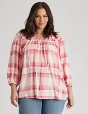 Autograph Tunic Top Shirt Blouse Plus Size 20 Pink Check Tie Ruched Long Sleeve