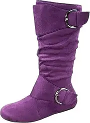 [Forever Link] Klein-70 Women's Closed Round Toe Buckle Slouch Flat Heel Mid-Calf Boot