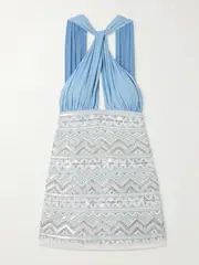 [DES PHEMMES] DES_PHEMMES - Embellished Georgette And Duchesse-satin Halterneck Mini Dress - Light blue - IT38 IT 38 Blue