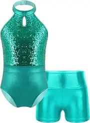 [Jhaoyu] Girls Sleeveless Gymnastics Leotard Sparkly Halter Neck Backless Bodysuit With Shorts Set Ballet Dance Outfits