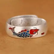 1PC S999 Women Real Silver Lucky Enamel Fish Auspicious Cloud Pattern Band Ring