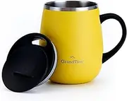 Grandties Insulated Coffee Mug with Handle - Sliding Lid for Splash-Proof 16 oz Wine-Glass Shape Thermal Tumbler with Double Walled Vacuum Stainless Steel to Keeps Beverages Hot or Cold (Lemon)