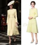 Kate Middleton Inspired Yellow A-line Dress w Wraparound Waist Design OZ Stock