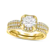 0.75 CT. T.W. Natural Diamond Cushion Frame Double Row Bridal Engagement Ring Set in Solid 14K Gold