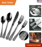40-Piece Vintage Carved Black Silverware Set for 8, Stainless Steel Flatware ...