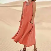 Women's Midi Dress Cotton Linen Dresses Cotton Linen Dress Fashion Classic Vacation Going out Weekend Regular Fit Plain Sleeveless Crew Neck White Pink Orange