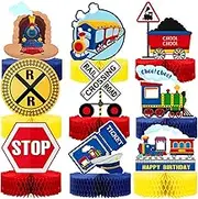 9 Pcs Railroad Train Crossing Theme Honeycomb Centerpieces Party Decorations Railway Train Centerpiece Decoration Birthday Railroad Crossing Sign Table Topper Kids' Party Photo Booth Prop