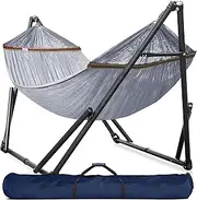 Tranquillo Double Hammock with Stand Included for 2 Persons/Foldable Hammock Stand 600 lbs Capacity Portable Case - Inhouse, Outdoor, Camping (Steel, Grey)