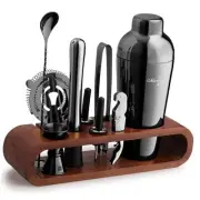 Mixology Bartender Kit: 10-Piece Bar Tool Set with Mahogany Stand | Gun-metal
