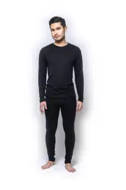 Mens Baselayers Thermal Spencers Pure Wool 200gsm 2 Piece Long Set Black
