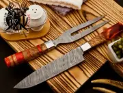 Handmade Damascus Steel Carving Knife Fork Set , Barbecue Roast Fork and Knife
